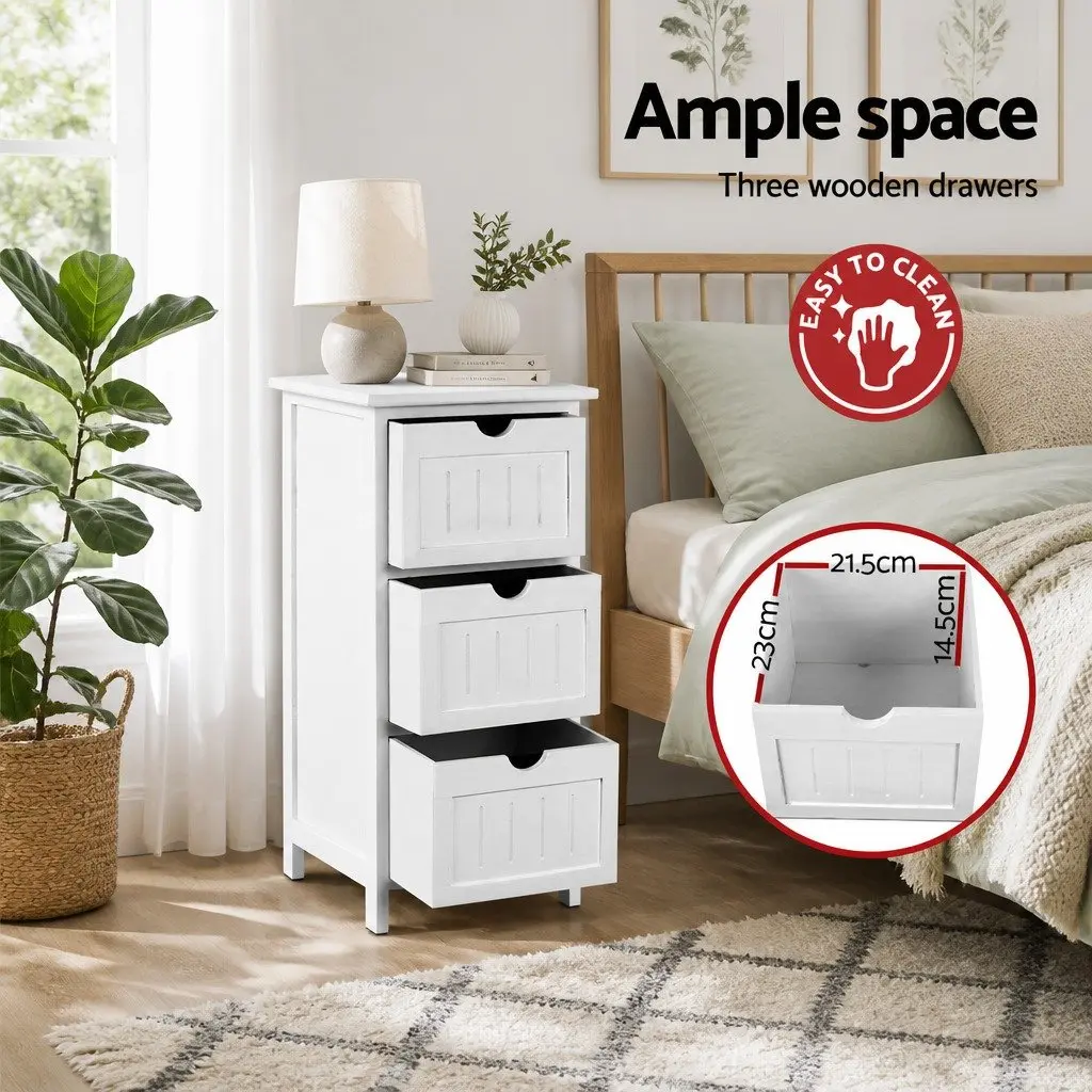 Bedside Table Storage Cabinet White 3 Drawers Paulownia Wood