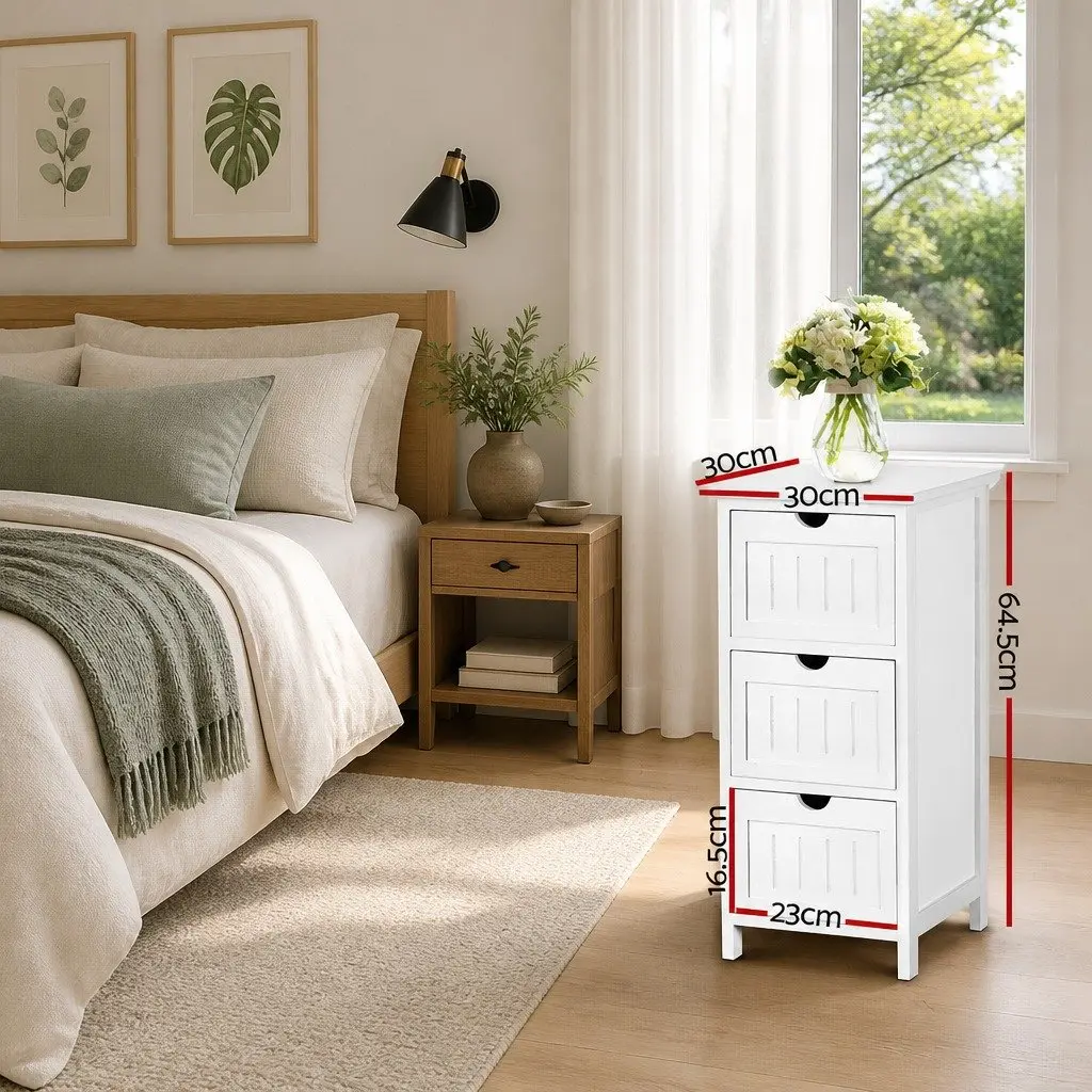 Bedside Table Storage Cabinet White 3 Drawers Paulownia Wood