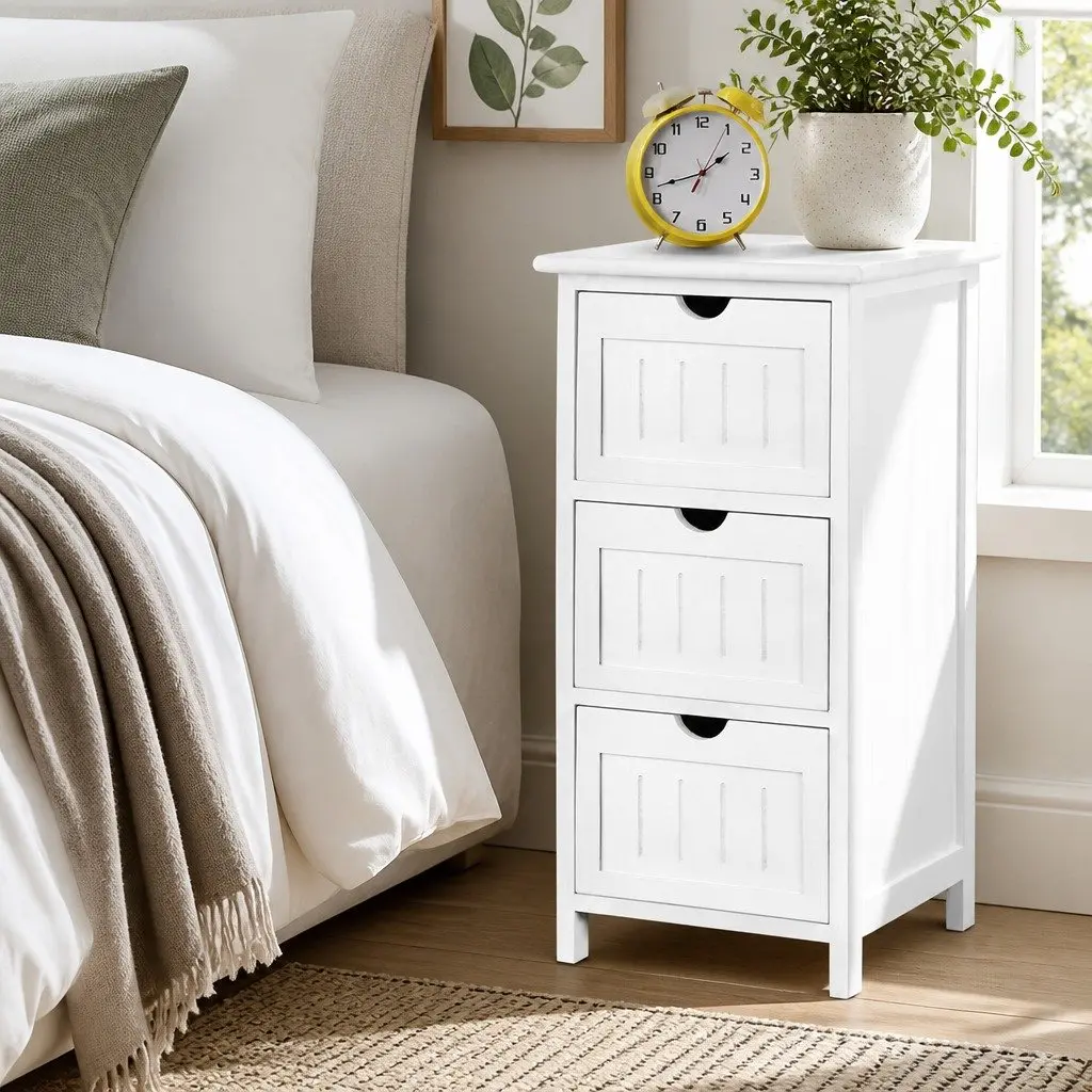 Bedside Table Storage Cabinet White 3 Drawers Paulownia Wood