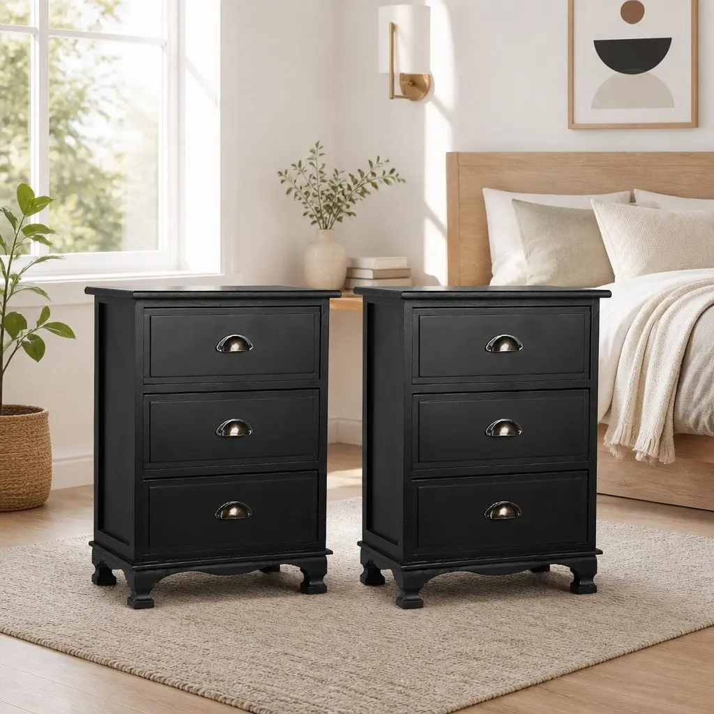 Vintage Black Bedside Table with 3 Drawers