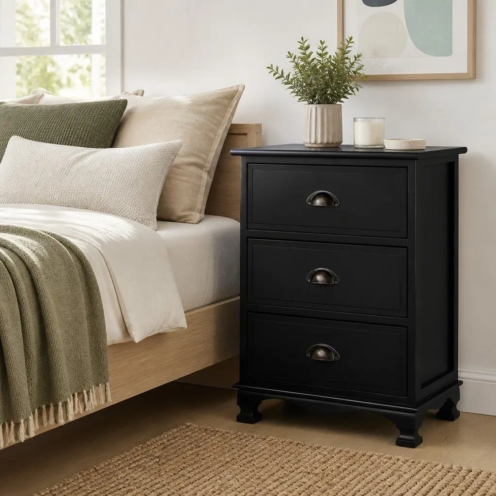 Vintage Black Bedside Table with 3 Drawers