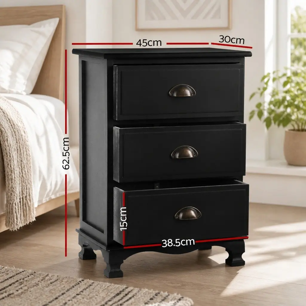 Vintage Black Bedside Table with 3 Drawers