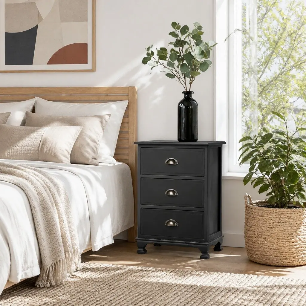 Vintage Black Bedside Table with 3 Drawers
