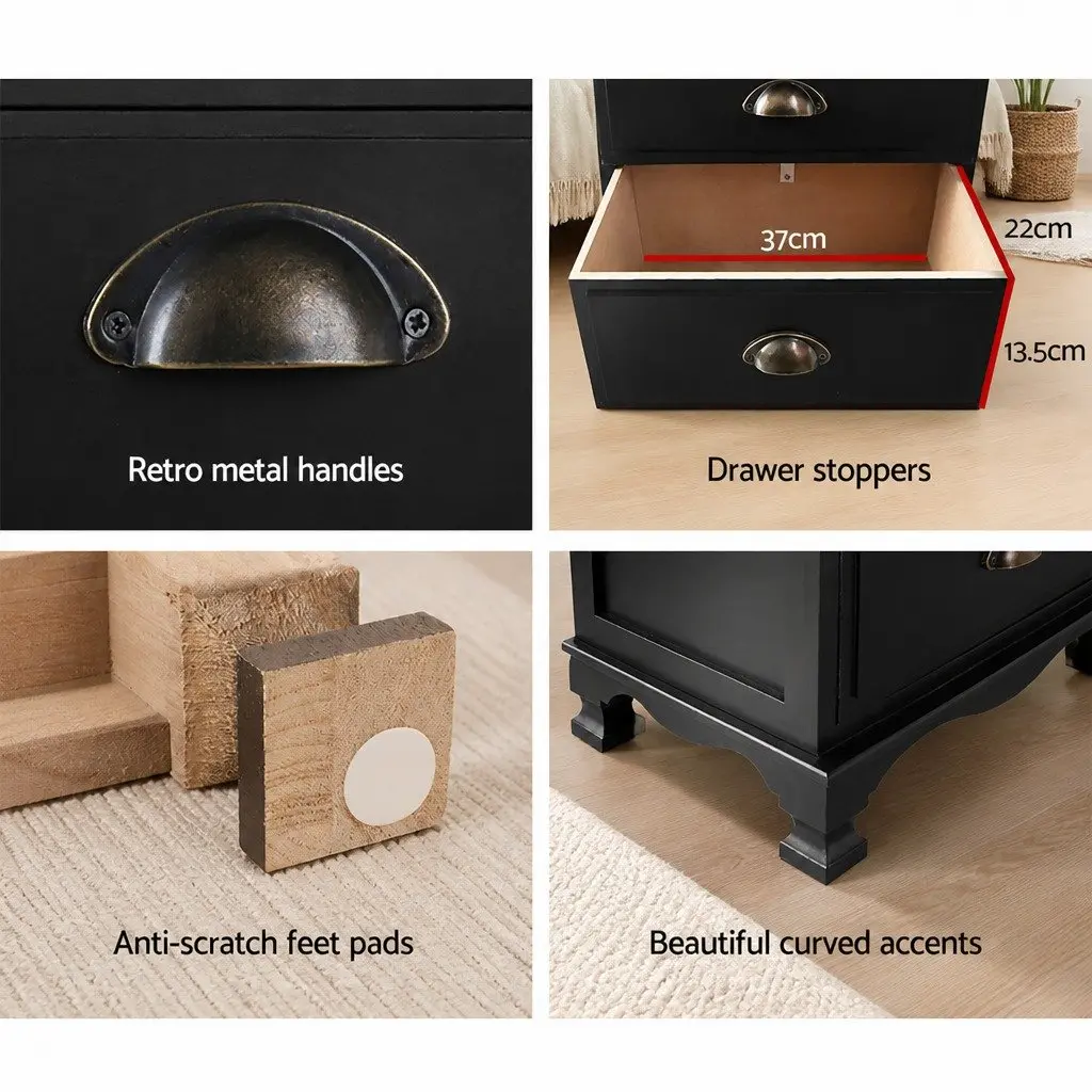 Vintage Black Bedside Table with 3 Drawers