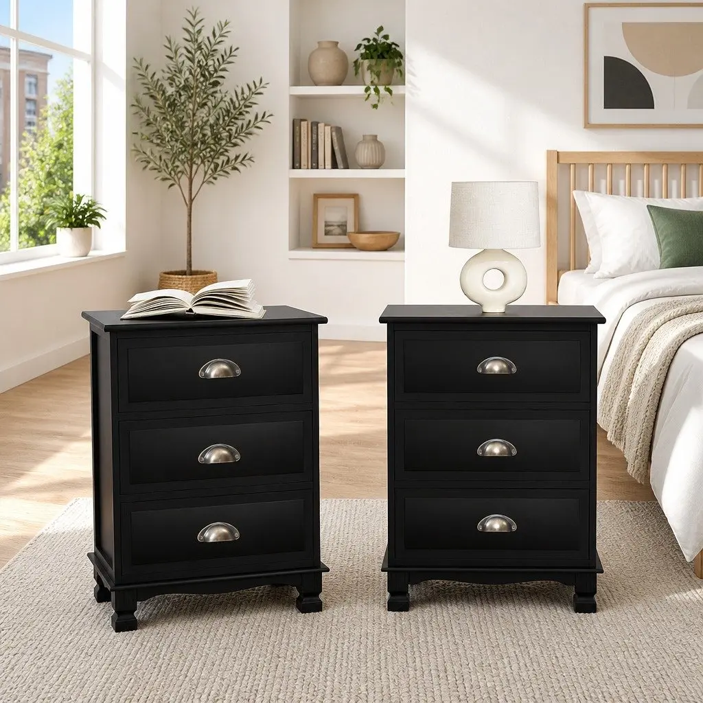 Vintage Black Bedside Table with 3 Drawers