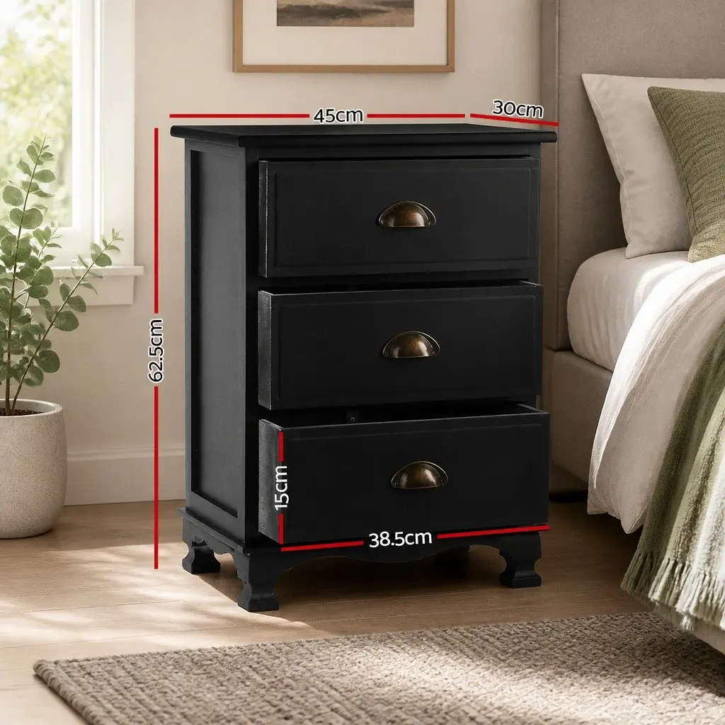 Black Bedside Table Vintage 3 Drawers Paulownia Wood and MDF 45cm W x 30cm D x 62.5cm H