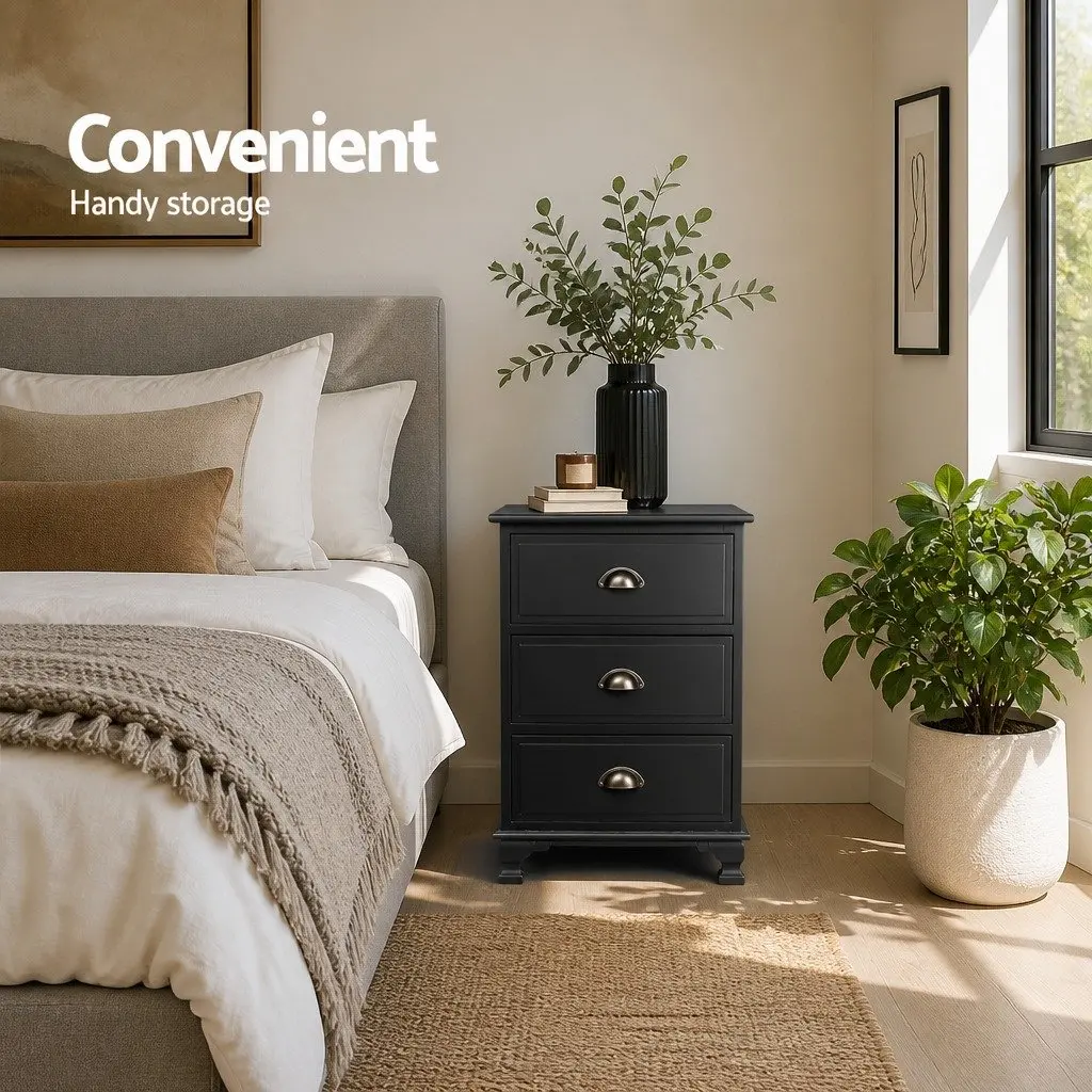 Black Bedside Table Vintage 3 Drawers Paulownia Wood and MDF 45cm W x 30cm D x 62.5cm H