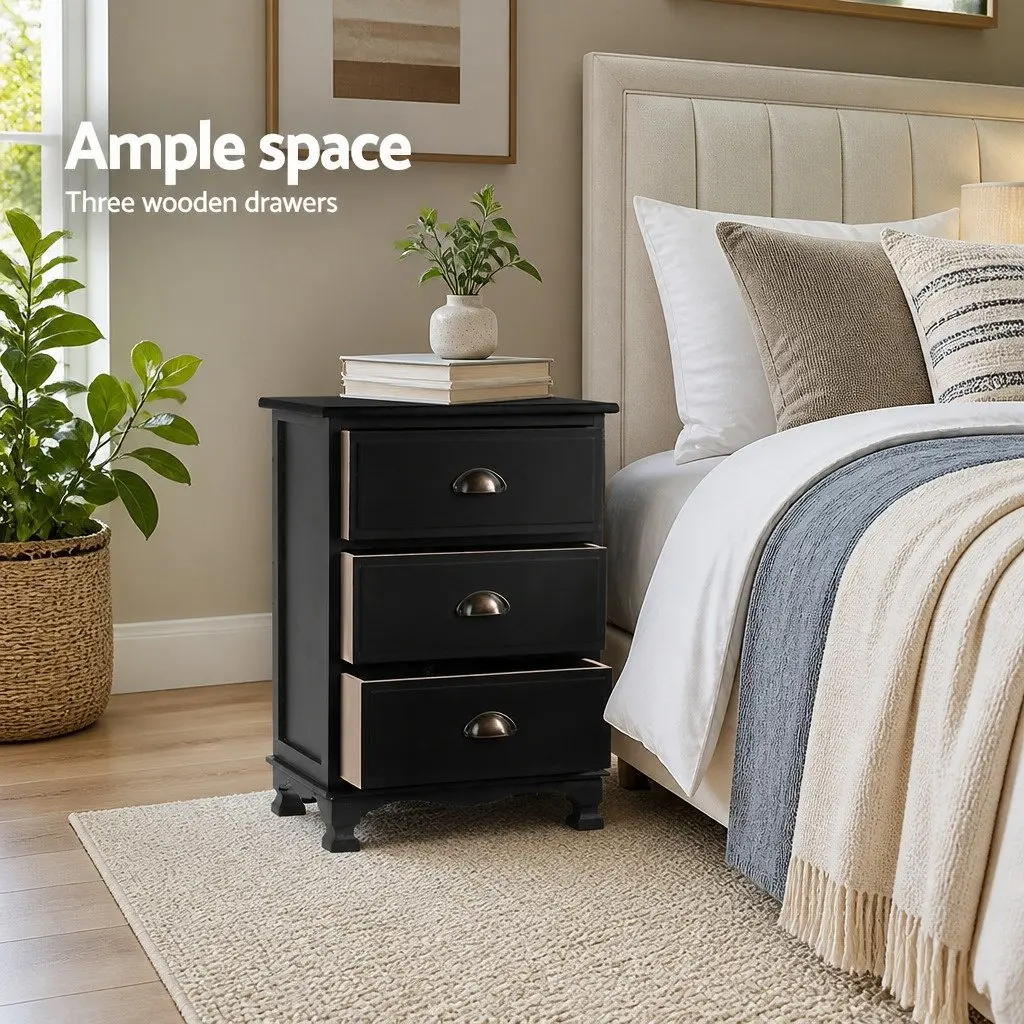 Black Bedside Table Vintage 3 Drawers Paulownia Wood and MDF 45cm W x 30cm D x 62.5cm H