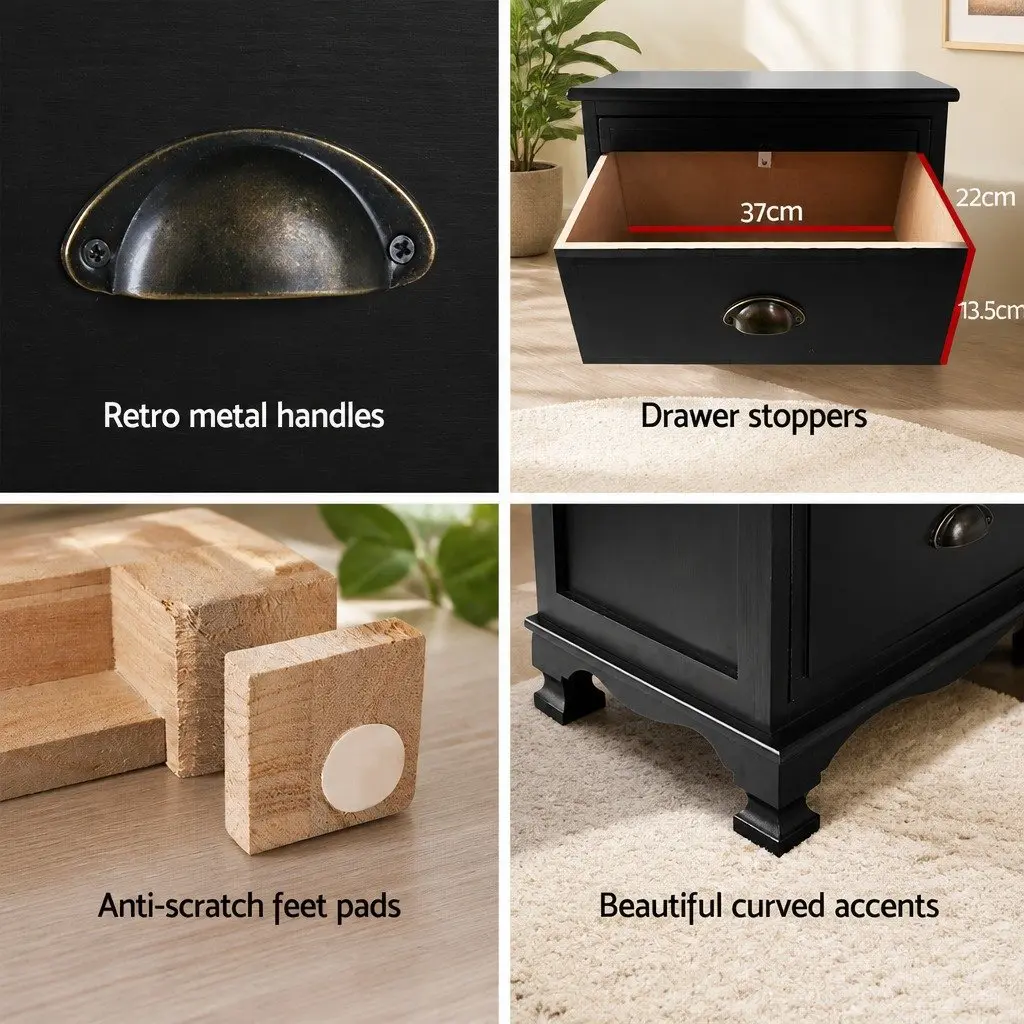Black Bedside Table Vintage 3 Drawers Paulownia Wood and MDF 45cm W x 30cm D x 62.5cm H