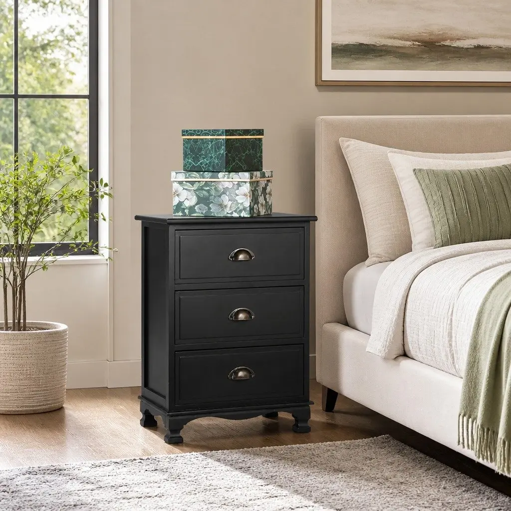 Black Bedside Table Vintage 3 Drawers Paulownia Wood and MDF 45cm W x 30cm D x 62.5cm H