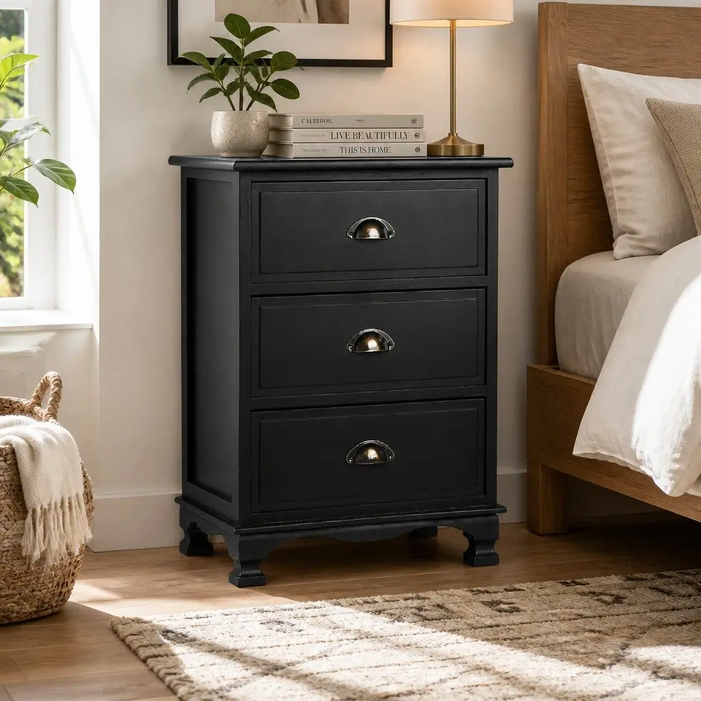 Black Bedside Table Vintage 3 Drawers Paulownia Wood and MDF 45cm W x 30cm D x 62.5cm H