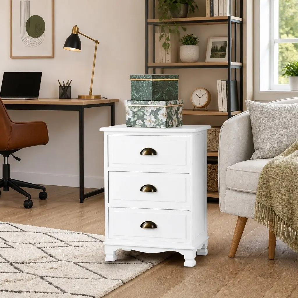 White Bedside Table 3 Drawers Storage Cabinet Vintage Wooden Nightstand