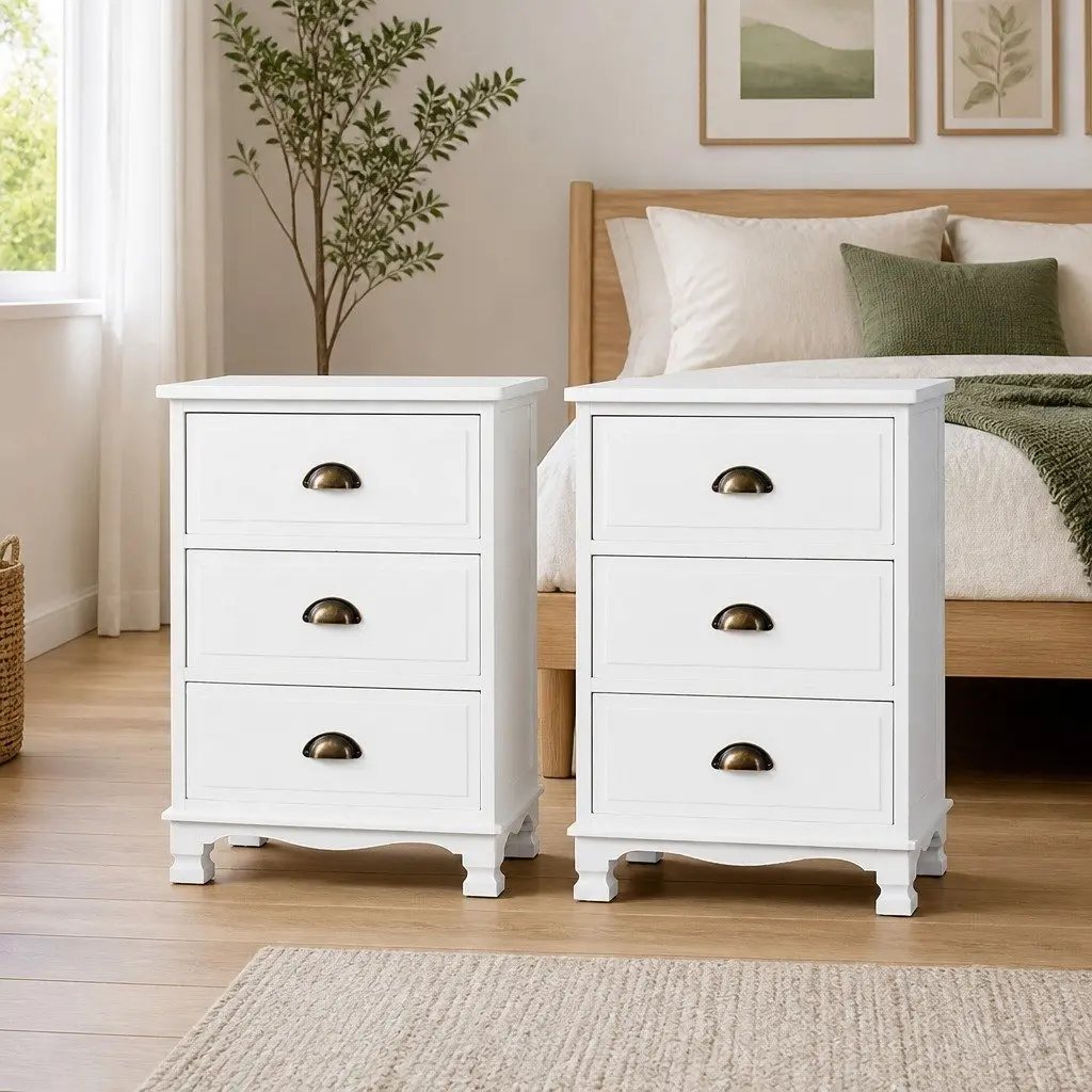 Bedside Table 3 Drawers White Vintage Storage Cabinet Nightstand with Metal
