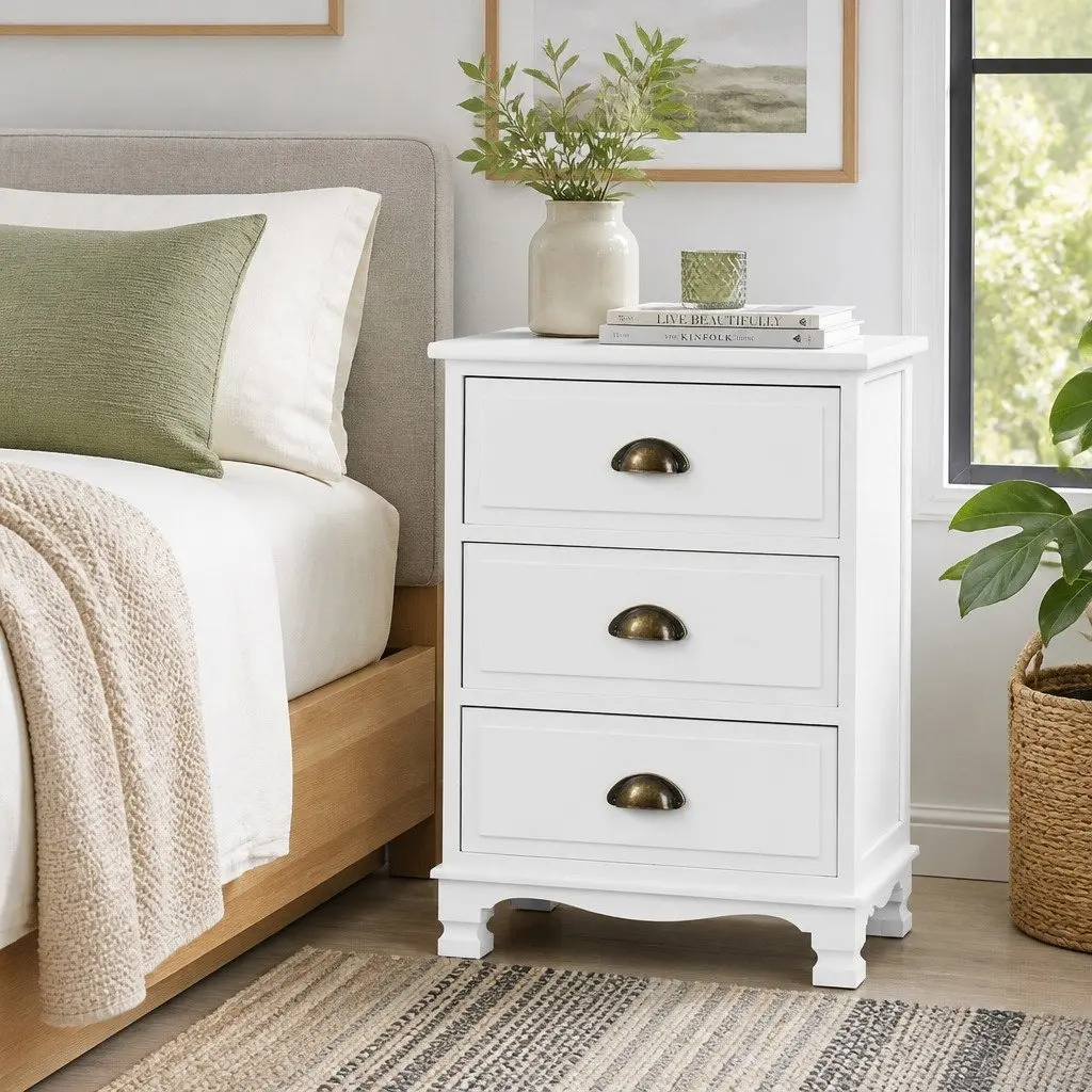 Bedside Table 3 Drawers White Vintage Storage Cabinet Nightstand with Metal