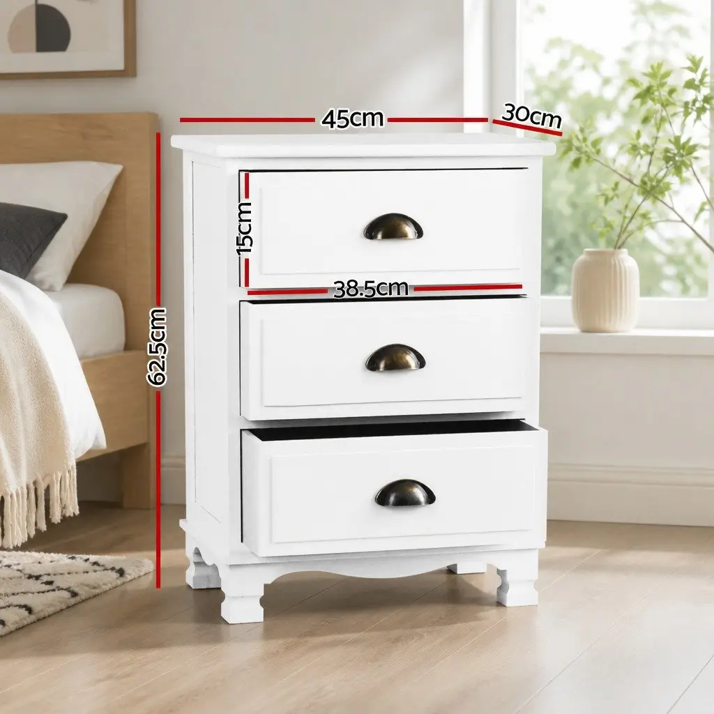 Bedside Table 3 Drawers White Vintage Storage Cabinet Nightstand with Metal