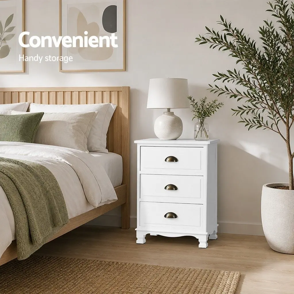 Bedside Table 3 Drawers White Vintage Storage Cabinet Nightstand with Metal