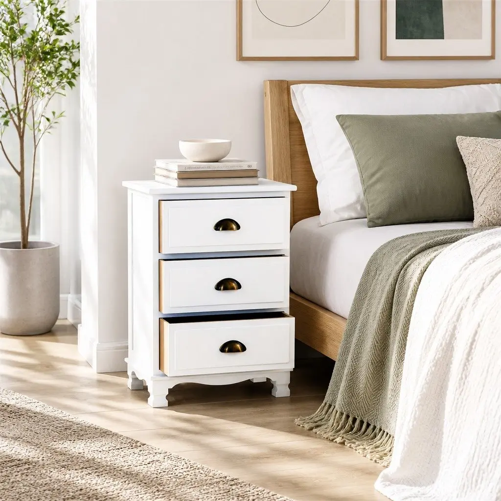 Bedside Table 3 Drawers White Vintage Storage Cabinet Nightstand with Metal
