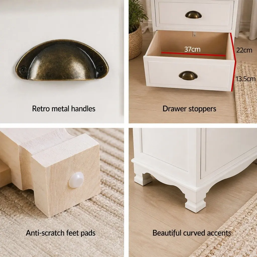 Bedside Table 3 Drawers White Vintage Storage Cabinet Nightstand with Metal