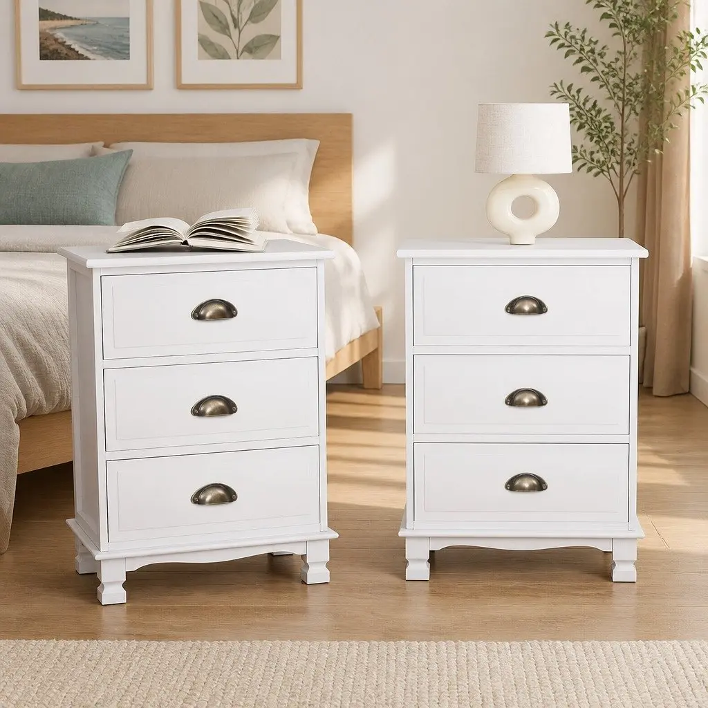 Bedside Table 3 Drawers White Vintage Storage Cabinet Nightstand with Metal