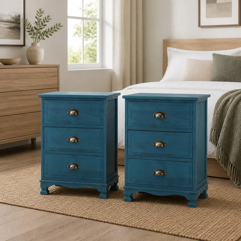 Blue Nightstand with 3 Deep Drawers