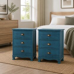 Durable Blue Nightstand with 3 Deep Drawers