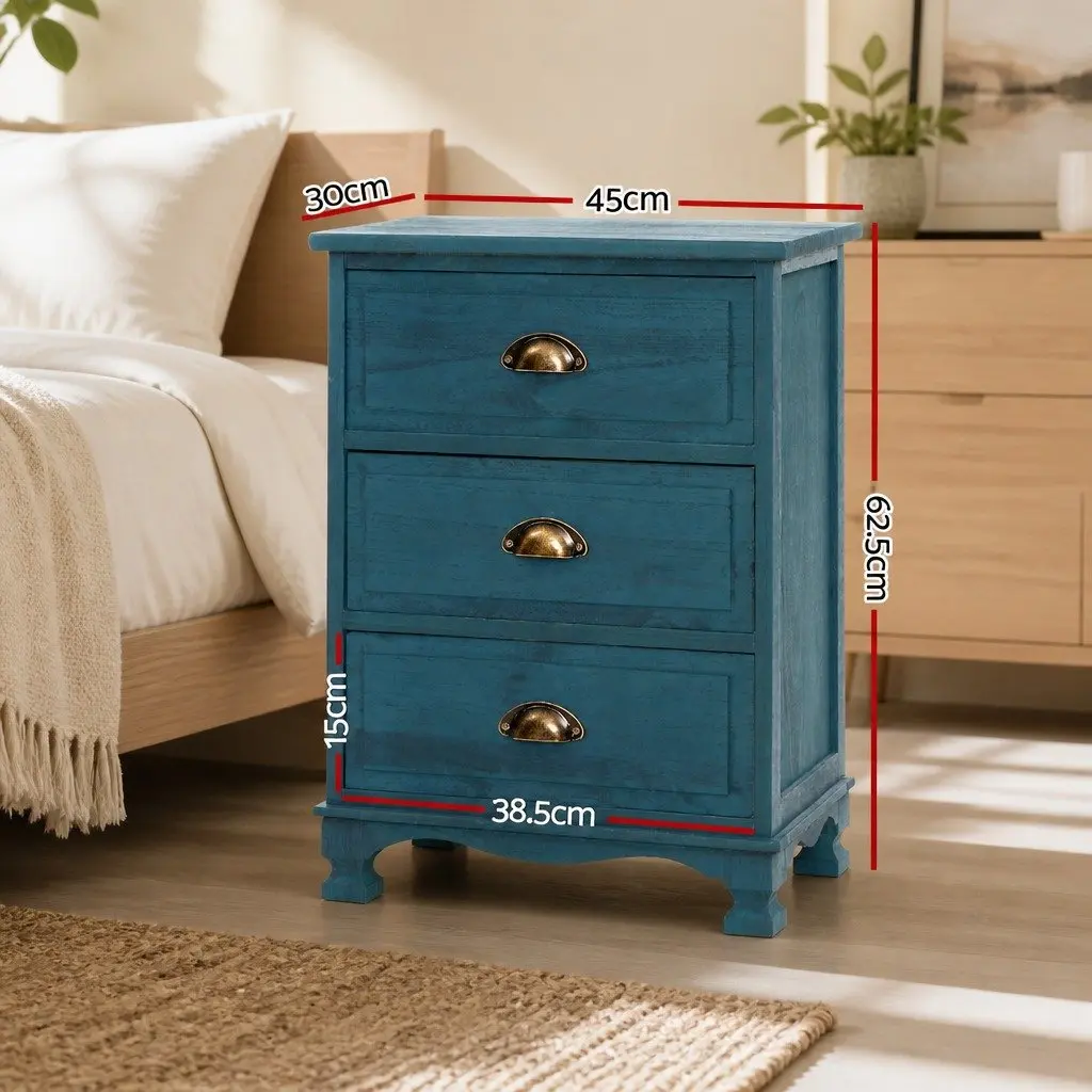 Blue Nightstand with 3 Deep Drawers