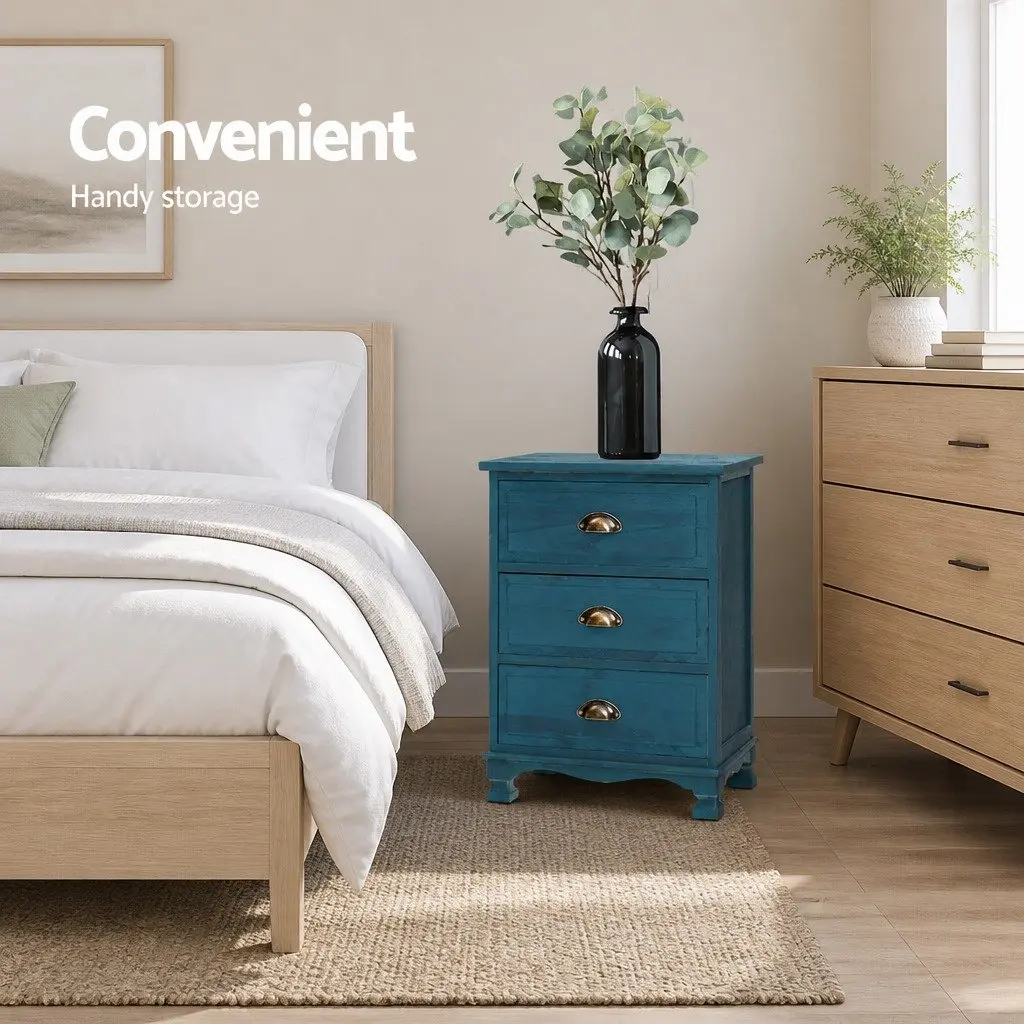 Blue Nightstand with 3 Deep Drawers