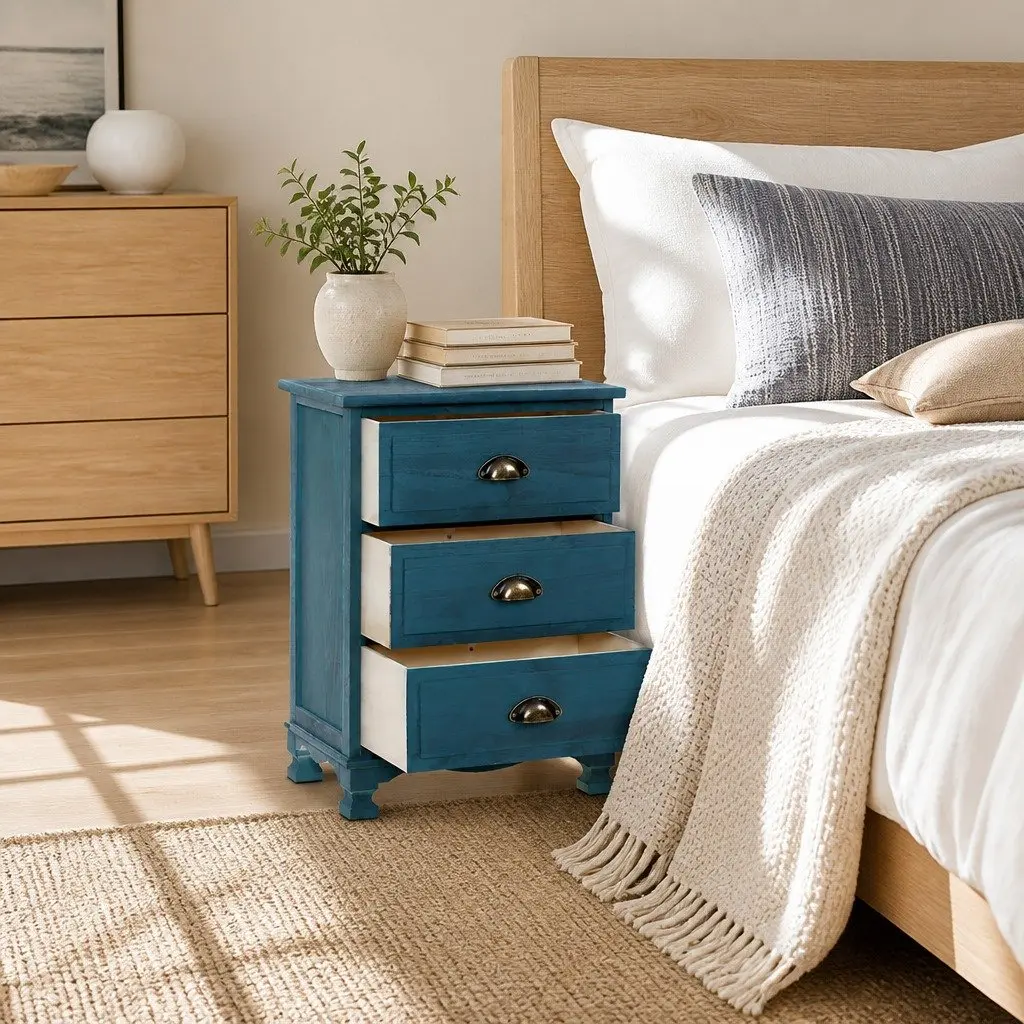 Blue Nightstand with 3 Deep Drawers