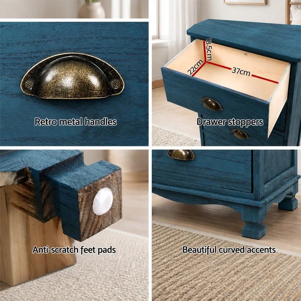 Blue Nightstand with 3 Deep Drawers