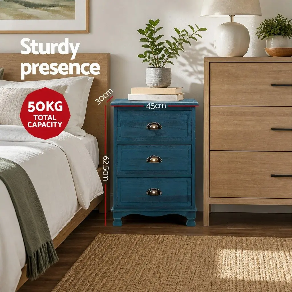 Blue Nightstand with 3 Deep Drawers