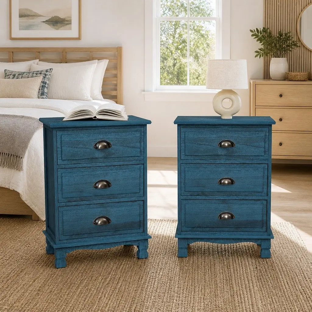 Blue Nightstand with 3 Deep Drawers