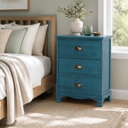 Bedside Table 3 Drawers Blue Vintage Storage Cabinet Wooden Nightstand