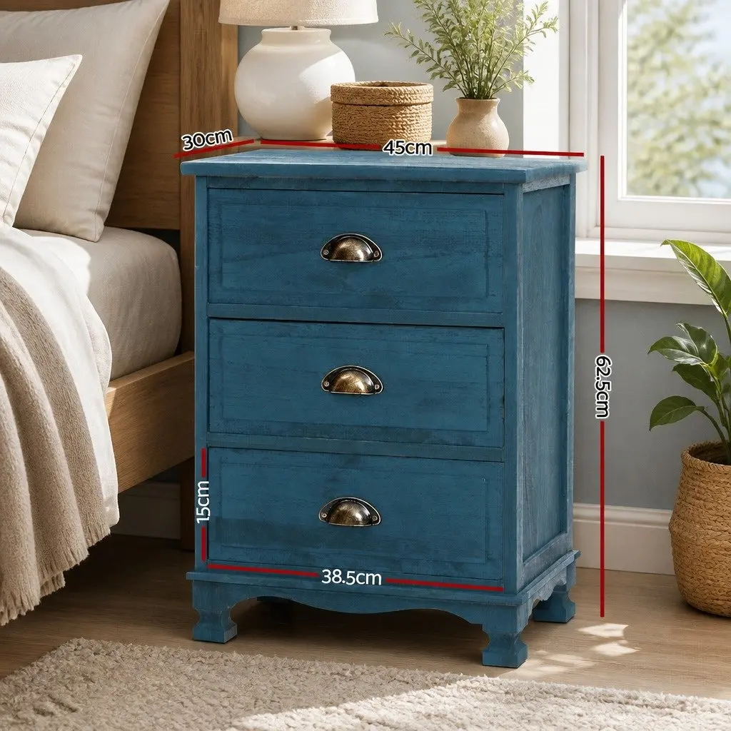 Bedside Table 3 Drawers Blue Vintage Storage Cabinet Wooden Nightstand