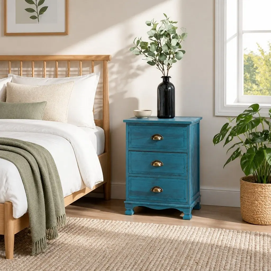 Bedside Table 3 Drawers Blue Vintage Storage Cabinet Wooden Nightstand