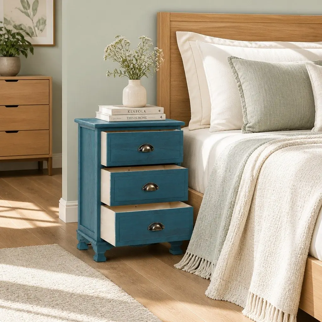 Bedside Table 3 Drawers Blue Vintage Storage Cabinet Wooden Nightstand