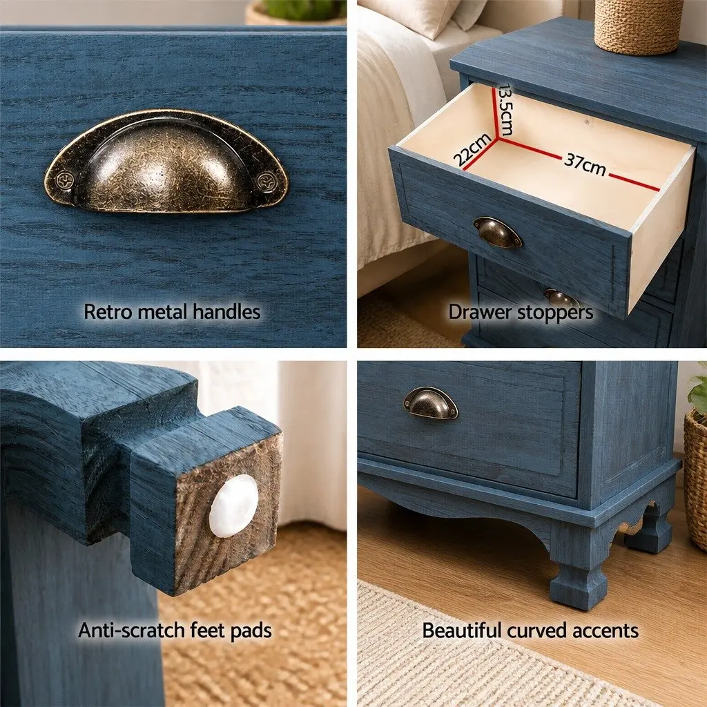 Bedside Table 3 Drawers Blue Vintage Storage Cabinet Wooden Nightstand