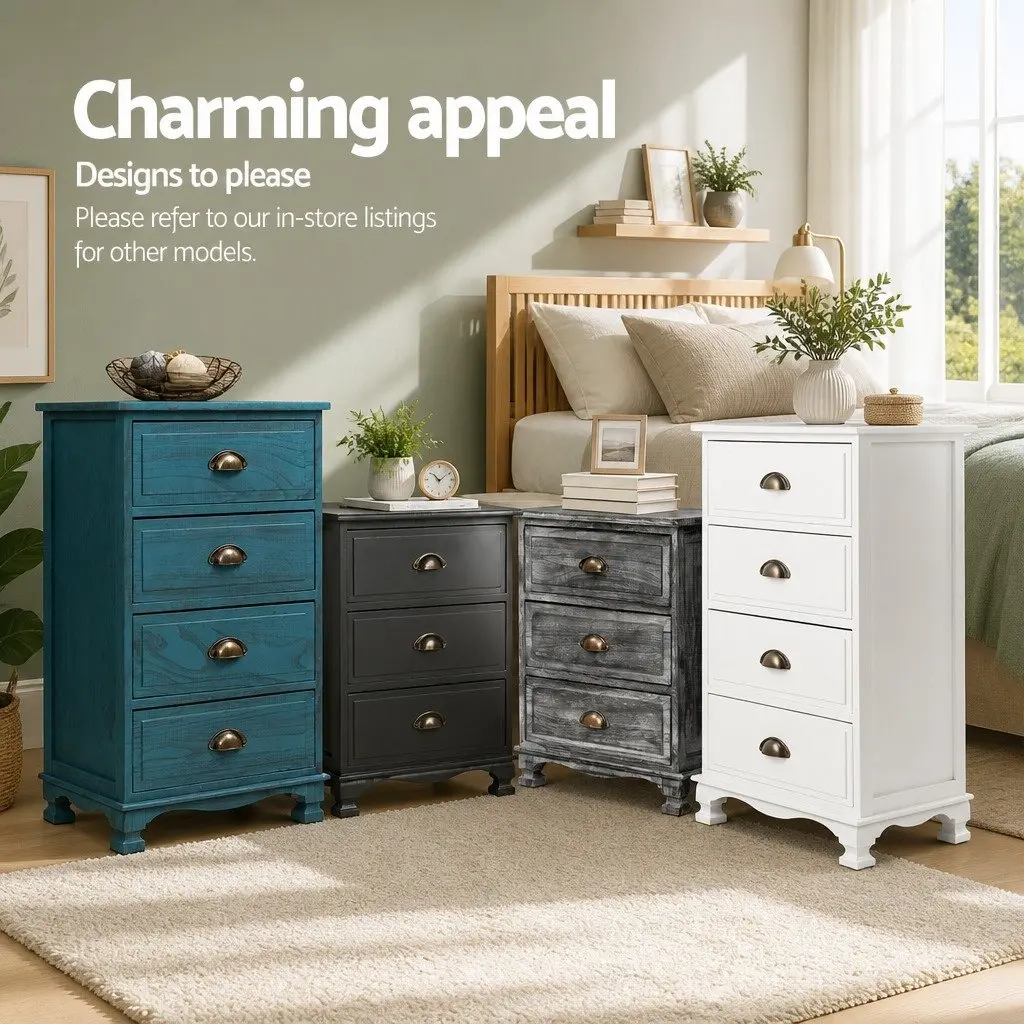 Bedside Table 3 Drawers Blue Vintage Storage Cabinet Wooden Nightstand