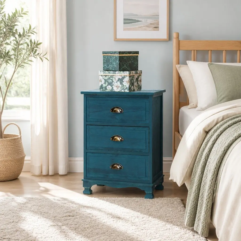 Bedside Table 3 Drawers Blue Vintage Storage Cabinet Wooden Nightstand