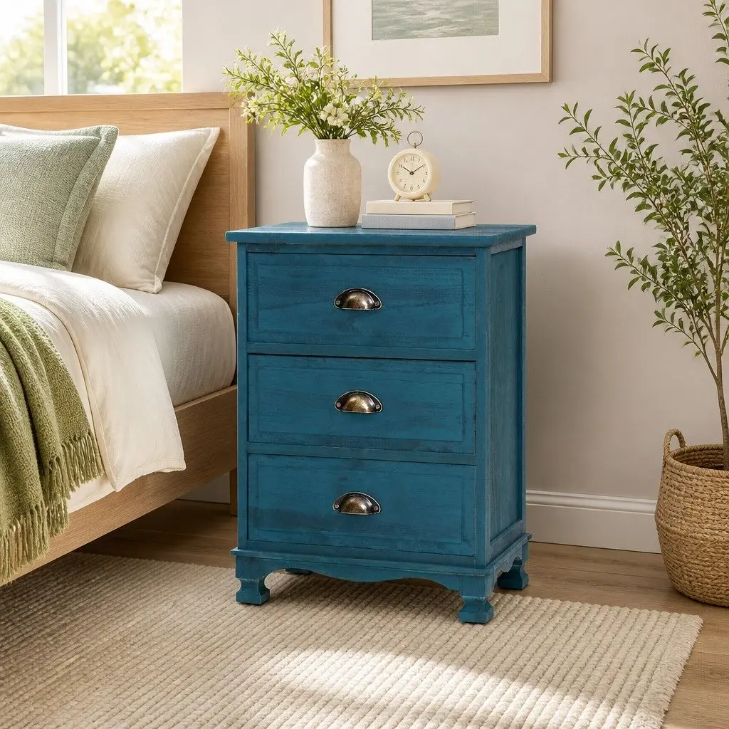 Bedside Table 3 Drawers Blue Vintage Storage Cabinet Wooden Nightstand