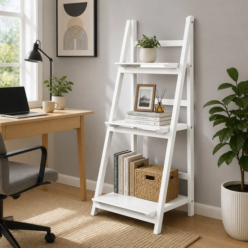 3-Tier Ladder Shelf White Freestanding Corner Bookcase Storage Display Stand Paulownia Wood MDF