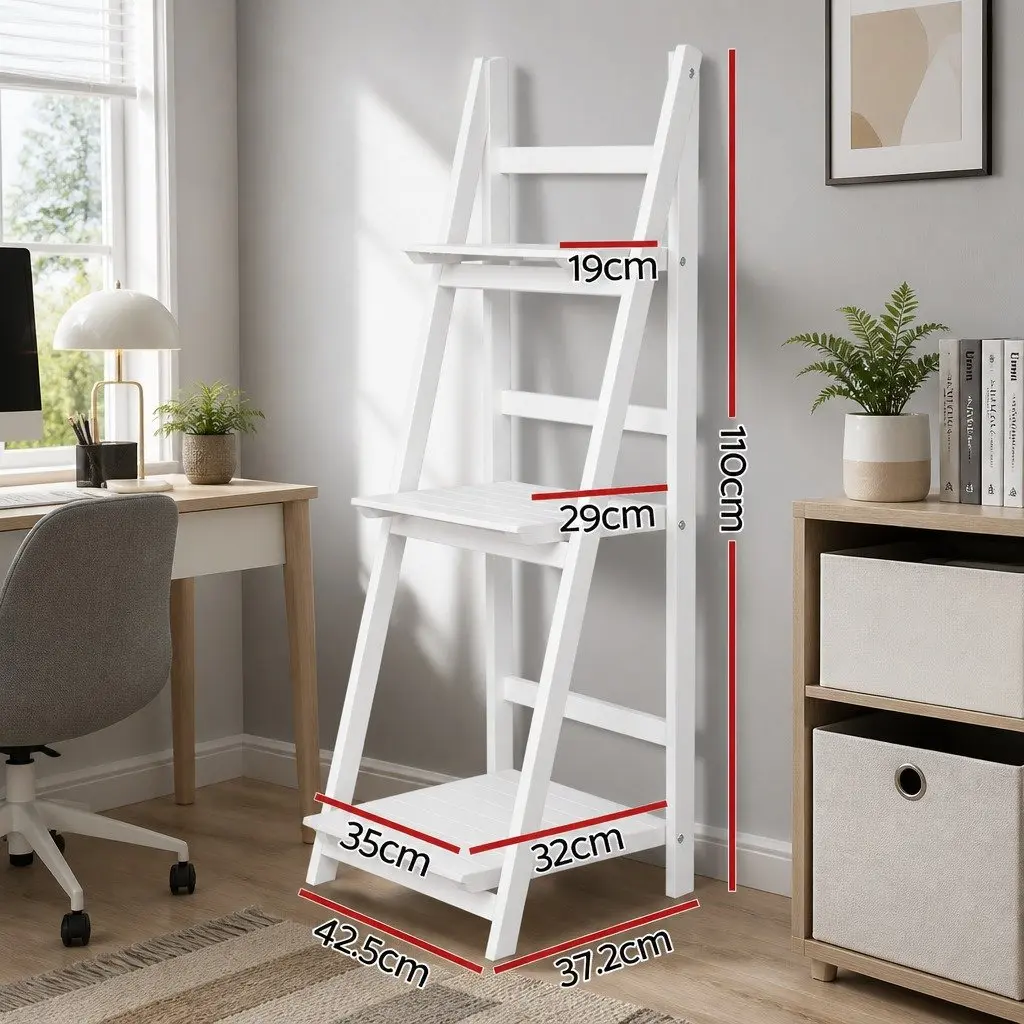 3-Tier Ladder Shelf White Freestanding Corner Bookcase Storage Display Stand Paulownia Wood MDF