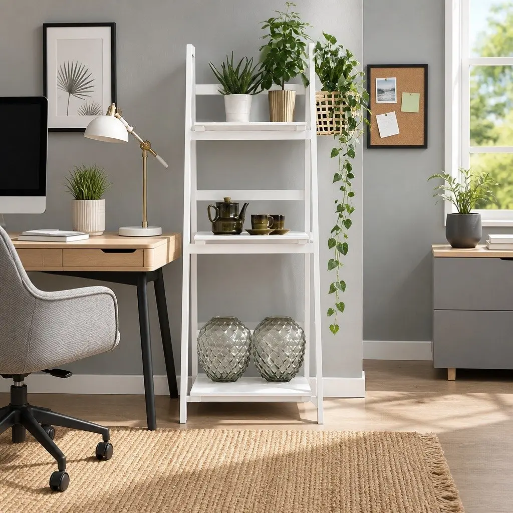 3-Tier Ladder Shelf White Freestanding Corner Bookcase Storage Display Stand Paulownia Wood MDF
