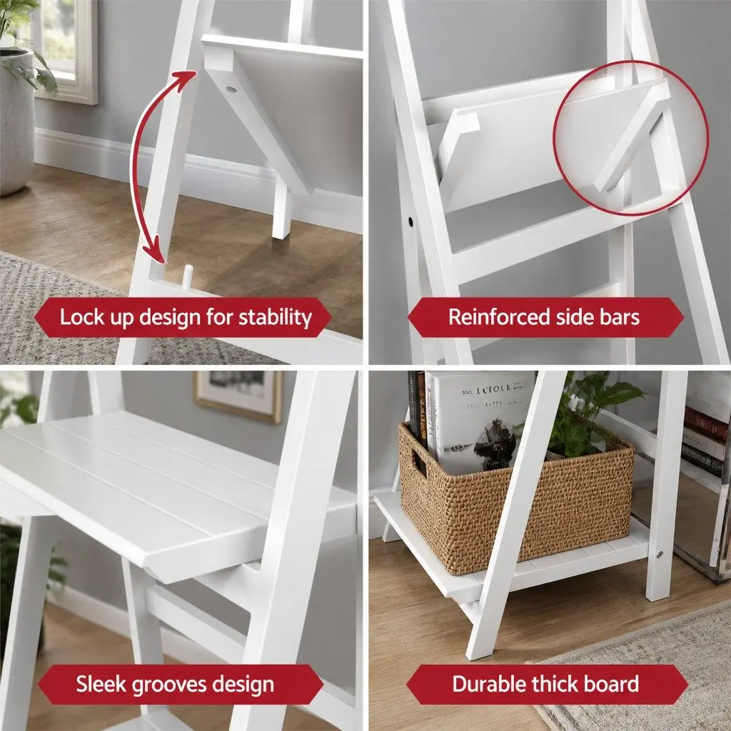 3-Tier Ladder Shelf White Freestanding Corner Bookcase Storage Display Stand Paulownia Wood MDF
