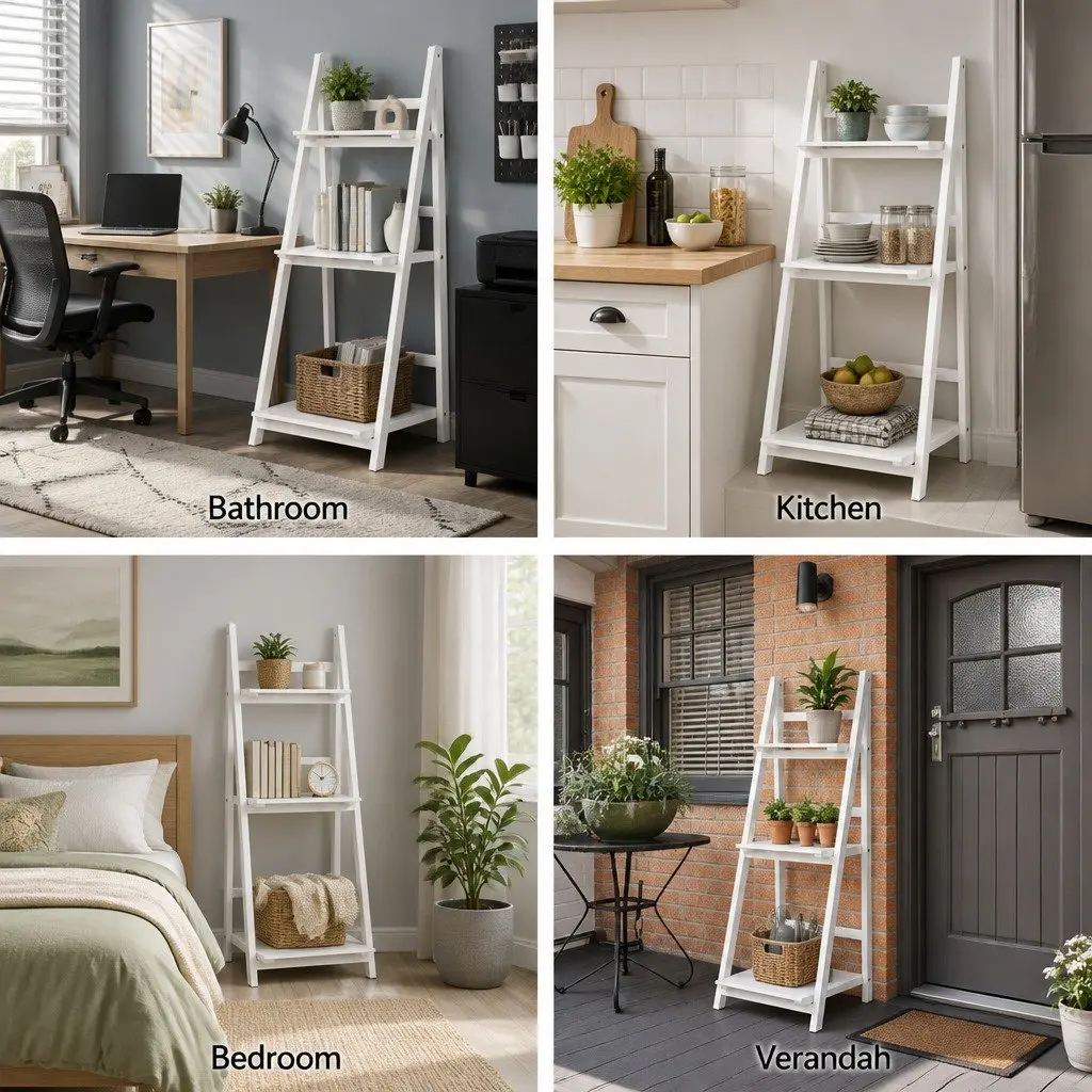 3-Tier Ladder Shelf White Freestanding Corner Bookcase Storage Display Stand Paulownia Wood MDF
