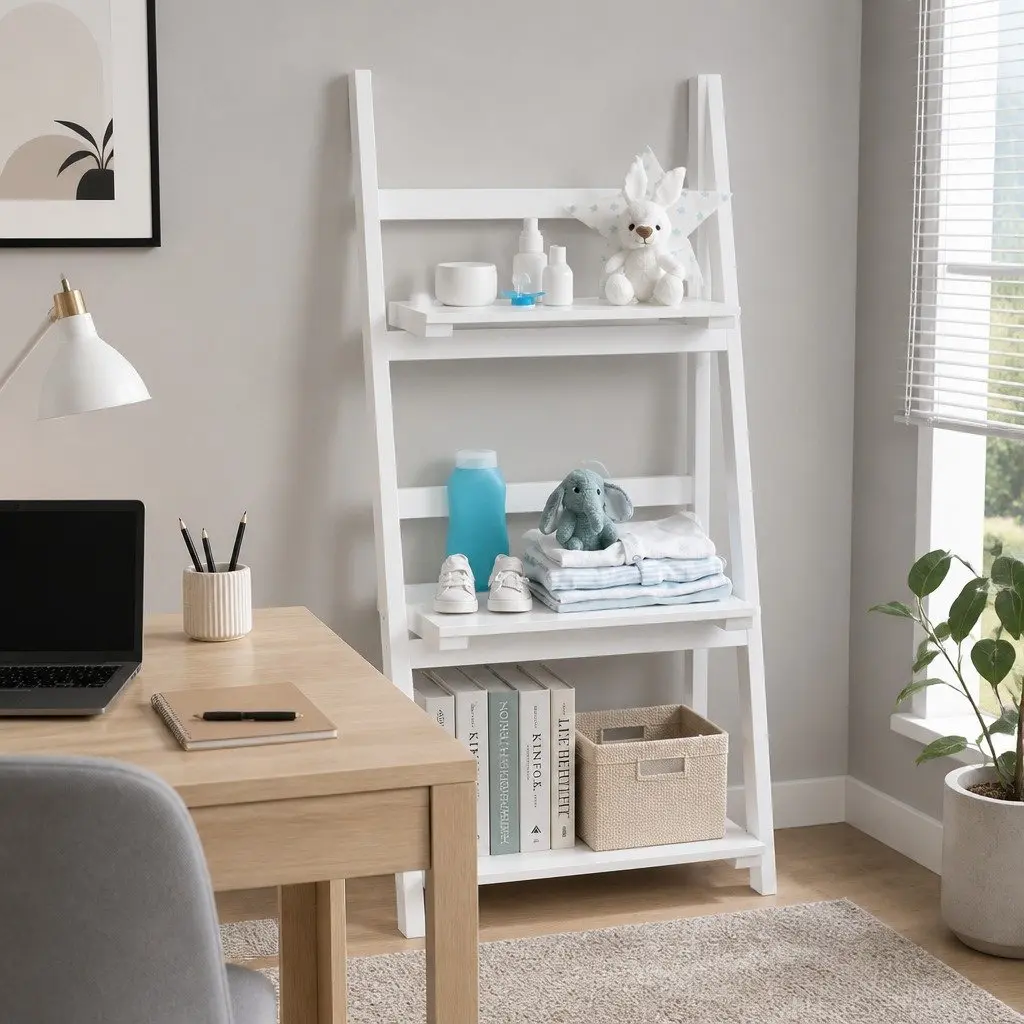 3-Tier Ladder Shelf White Freestanding Corner Bookcase Storage Display Stand Paulownia Wood MDF