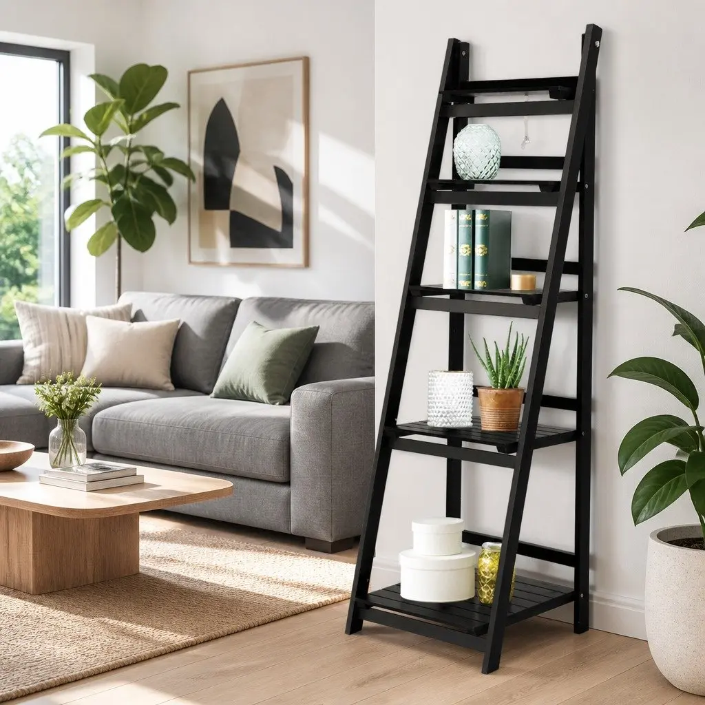 5-Tier Ladder Shelf Freestanding Corner Bookcase Storage Display Stand Coffee Paulownia Wood MDF 140cm H 44.5cm W 40cm D