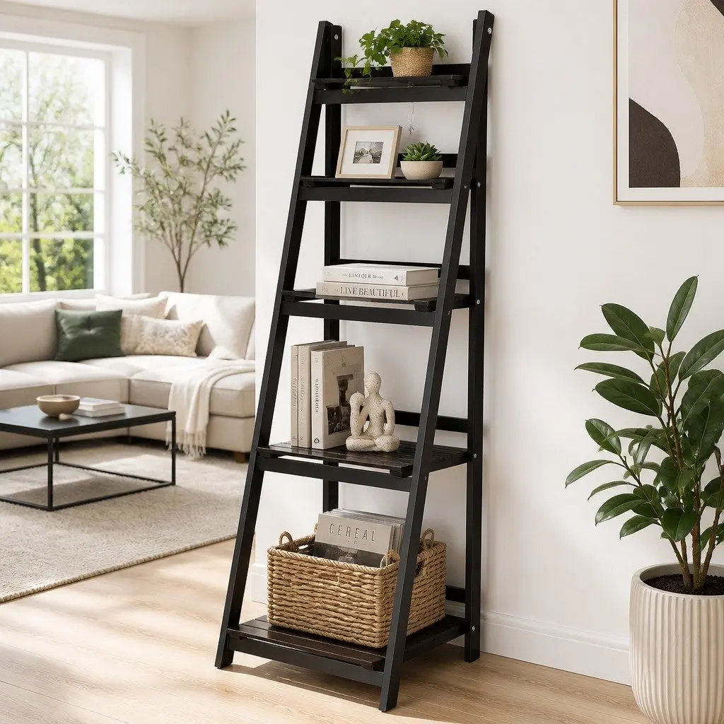5-Tier Ladder Shelf Freestanding Corner Bookcase Storage Display Stand Coffee Paulownia Wood MDF 140cm H 44.5cm W 40cm D