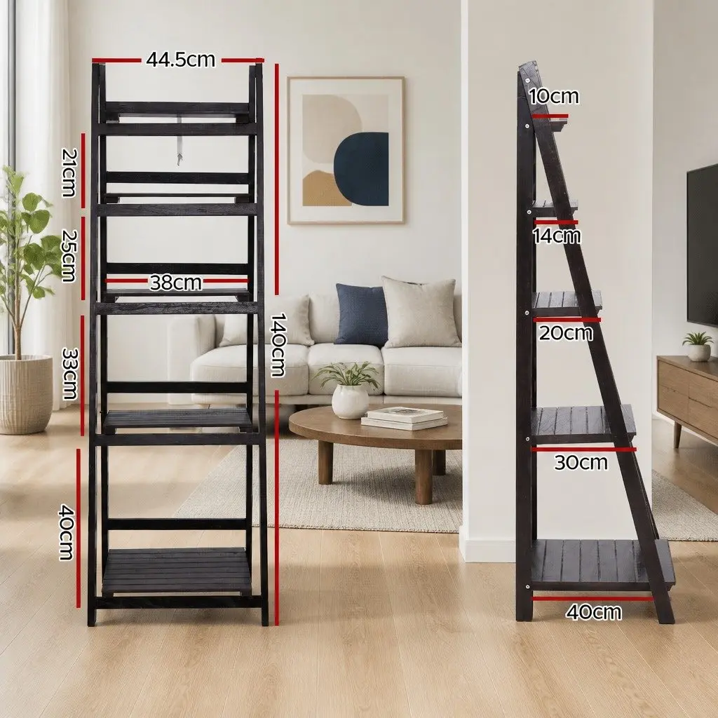 5-Tier Ladder Shelf Freestanding Corner Bookcase Storage Display Stand Coffee Paulownia Wood MDF 140cm H 44.5cm W 40cm D