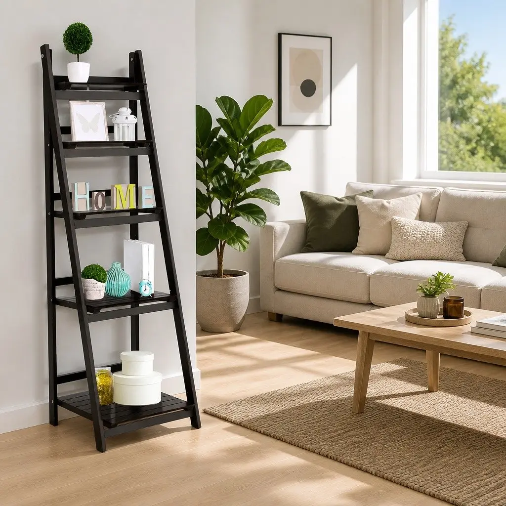 5-Tier Ladder Shelf Freestanding Corner Bookcase Storage Display Stand Coffee Paulownia Wood MDF 140cm H 44.5cm W 40cm D