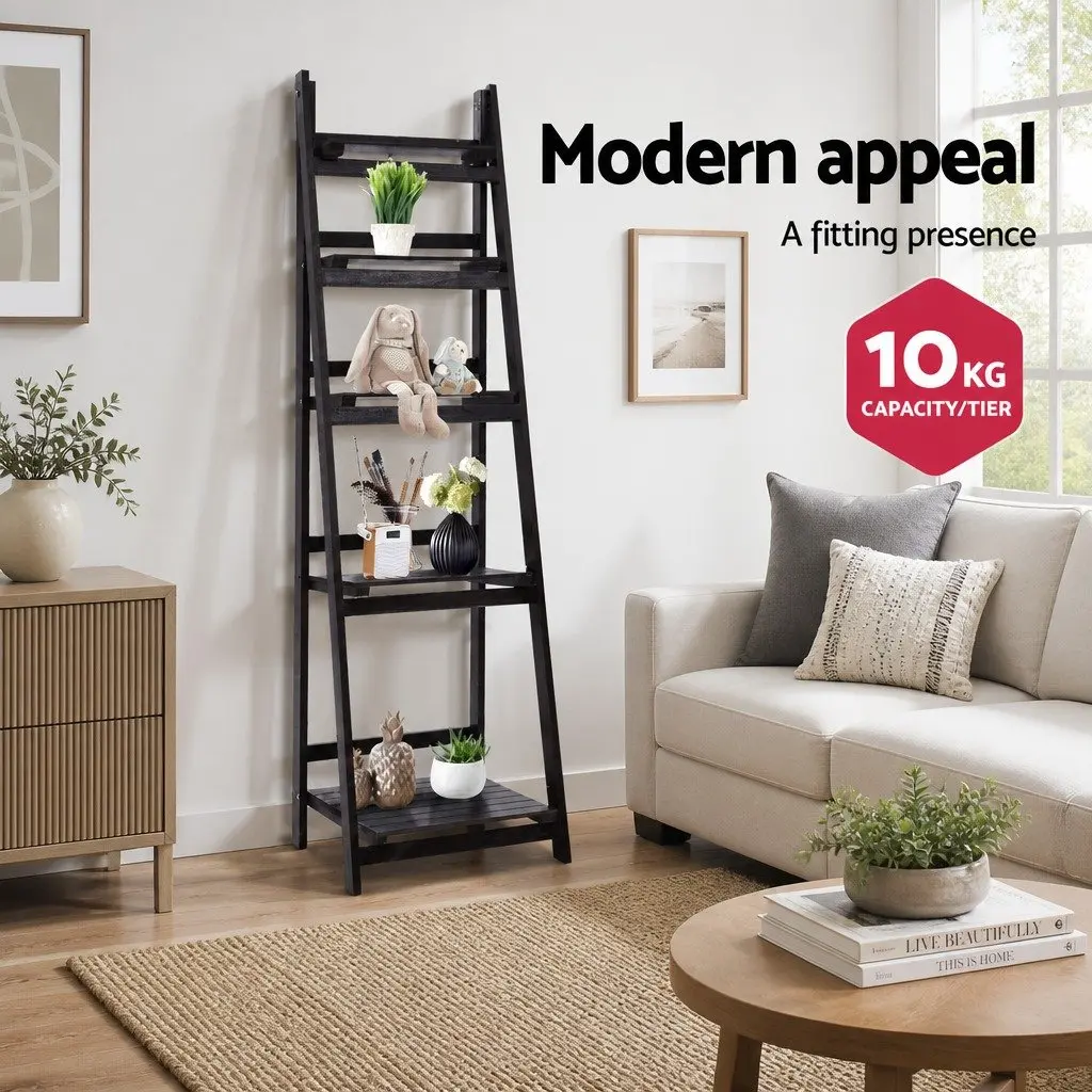 5-Tier Ladder Shelf Freestanding Corner Bookcase Storage Display Stand Coffee Paulownia Wood MDF 140cm H 44.5cm W 40cm D